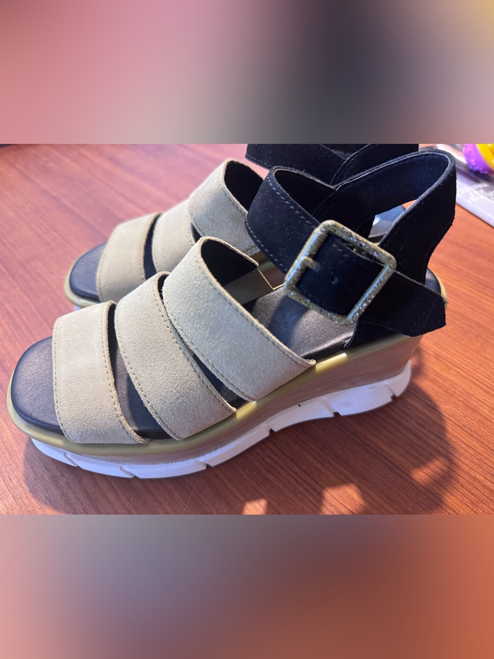 Sorel Two-Tone Wedge Sandals in Beige and Black